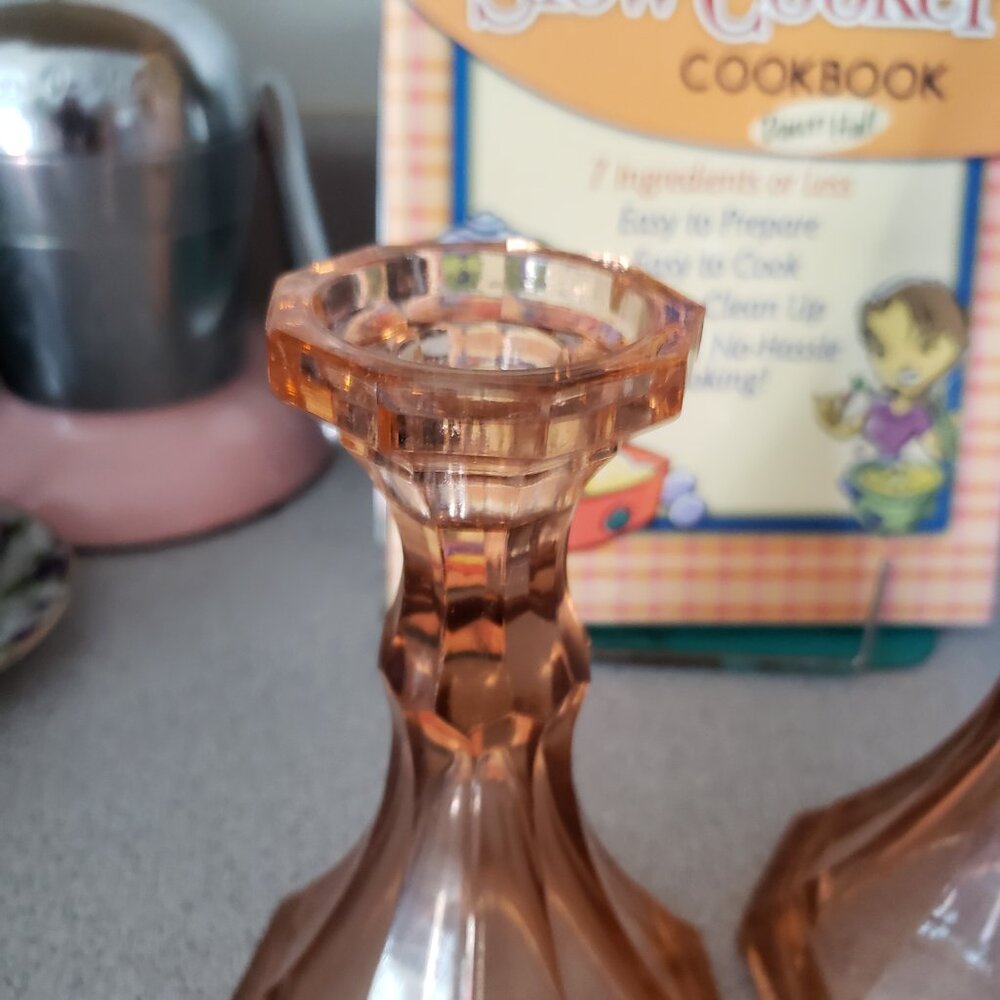 Old Stock 2 Peach Vintage FOSTORIA GLASS Heavy Pressed Glass CANDLESTICK HOLDERS - Picture 5 of 6